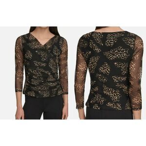 DKNY Women's 3/4-Sleeve Printed Mesh V-Neck Top XS